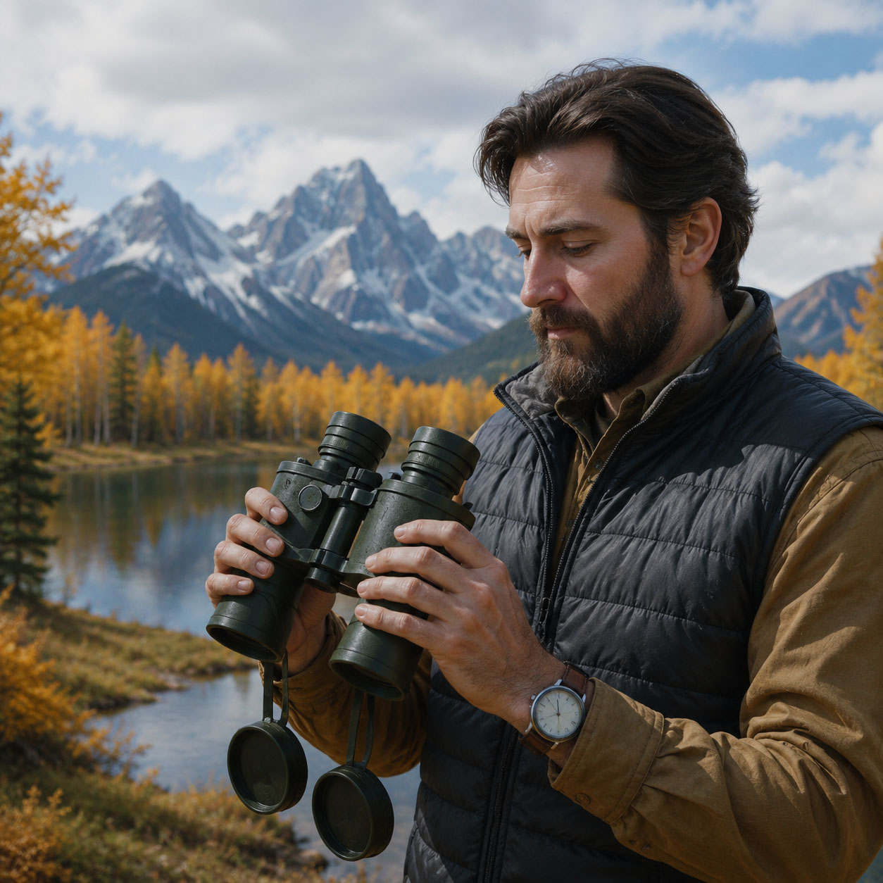 A man stands by a lake, holding binoculars, observing the scenery or wildlife in the distance